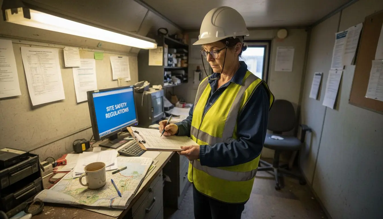 Safety manager checking compliance list in trailer