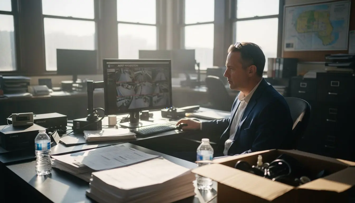 Security manager reviewing office surveillance footage
