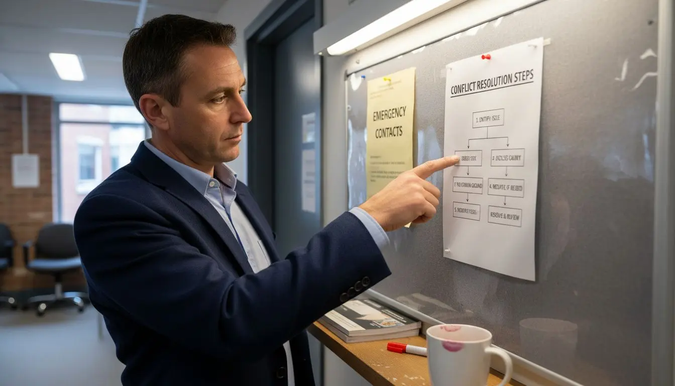 Security manager explaining conflict resolution process