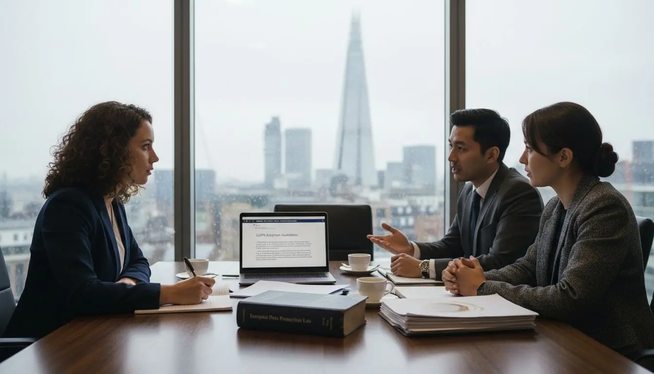 Legal team discussing GDPR adoption in meeting
