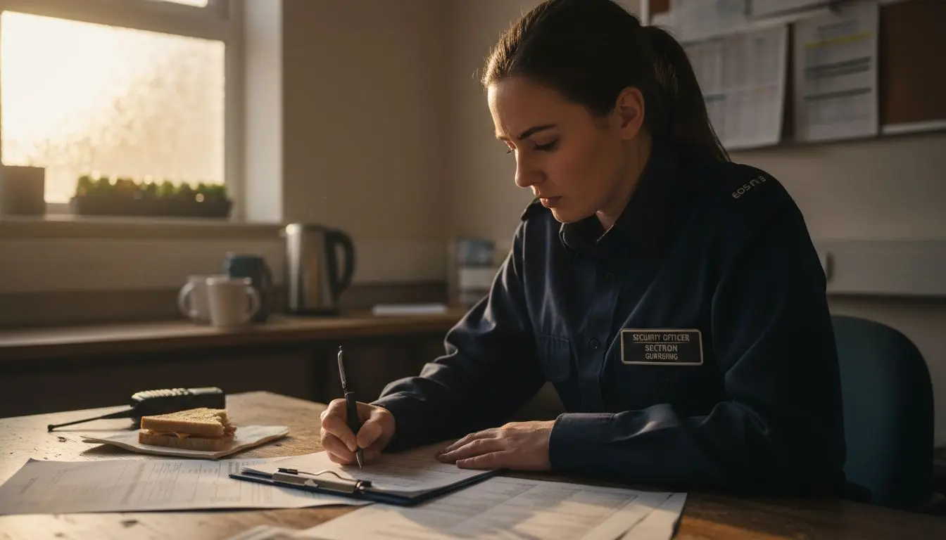 Security officer completes paperwork at desk