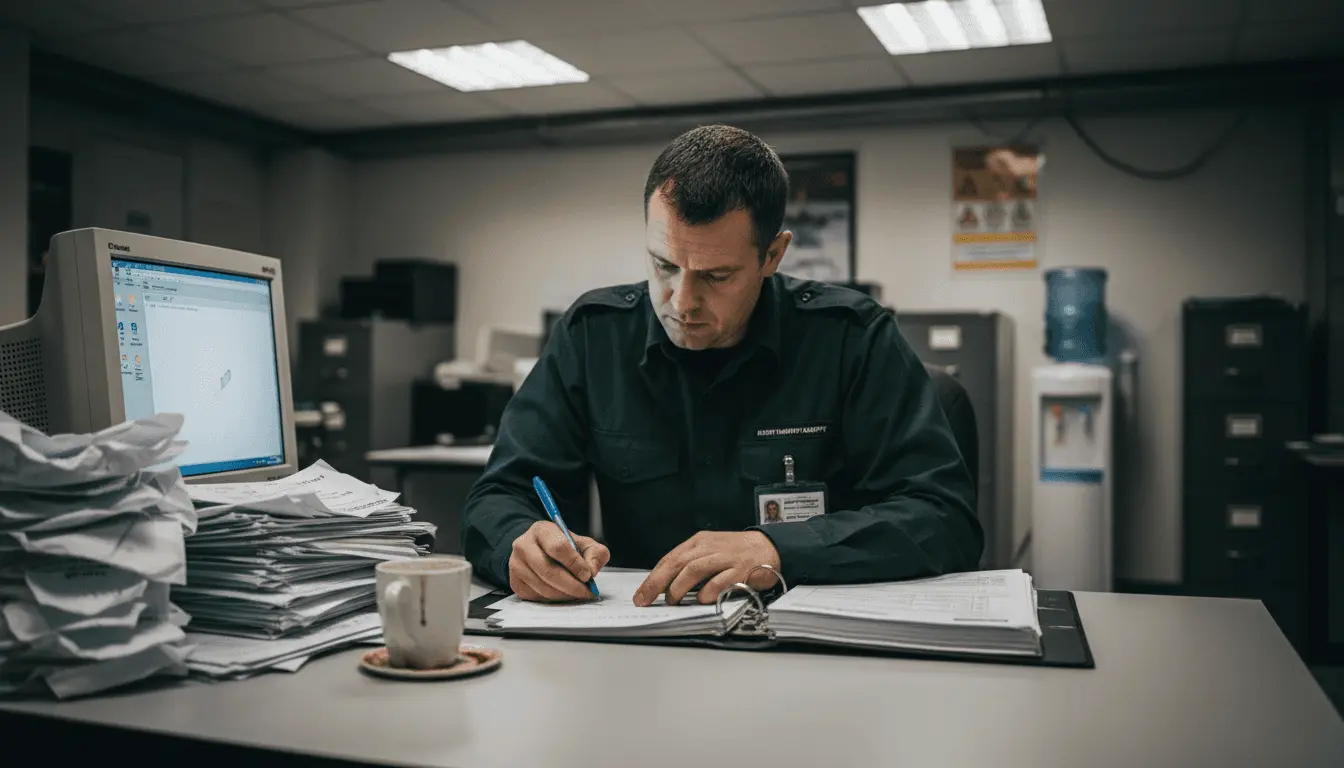 Security officer completing licence renewal paperwork