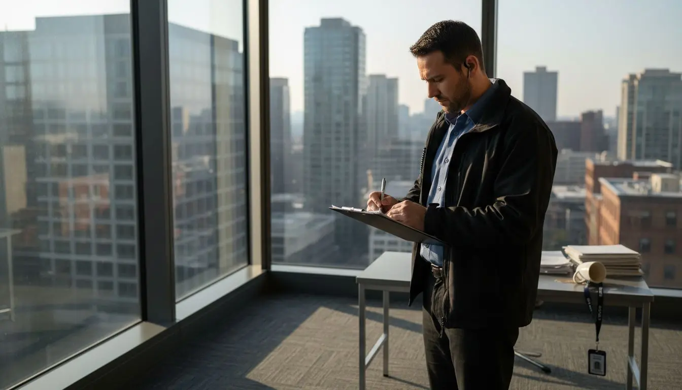 Security supervisor writing incident report in office