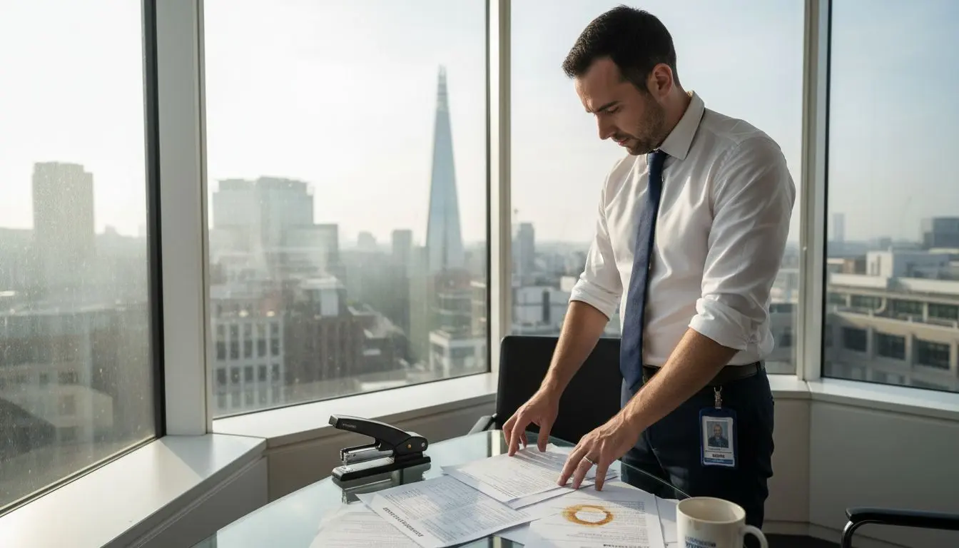 Security manager reviews papers in city office