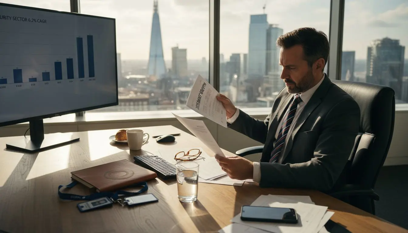 Security manager reviewing growth report in London office