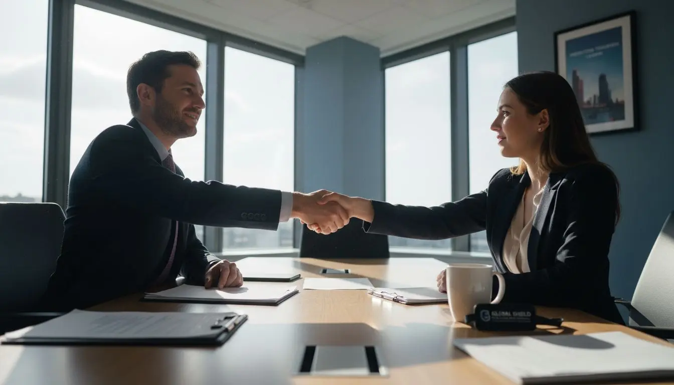 Recruiter greeting security job candidate in office