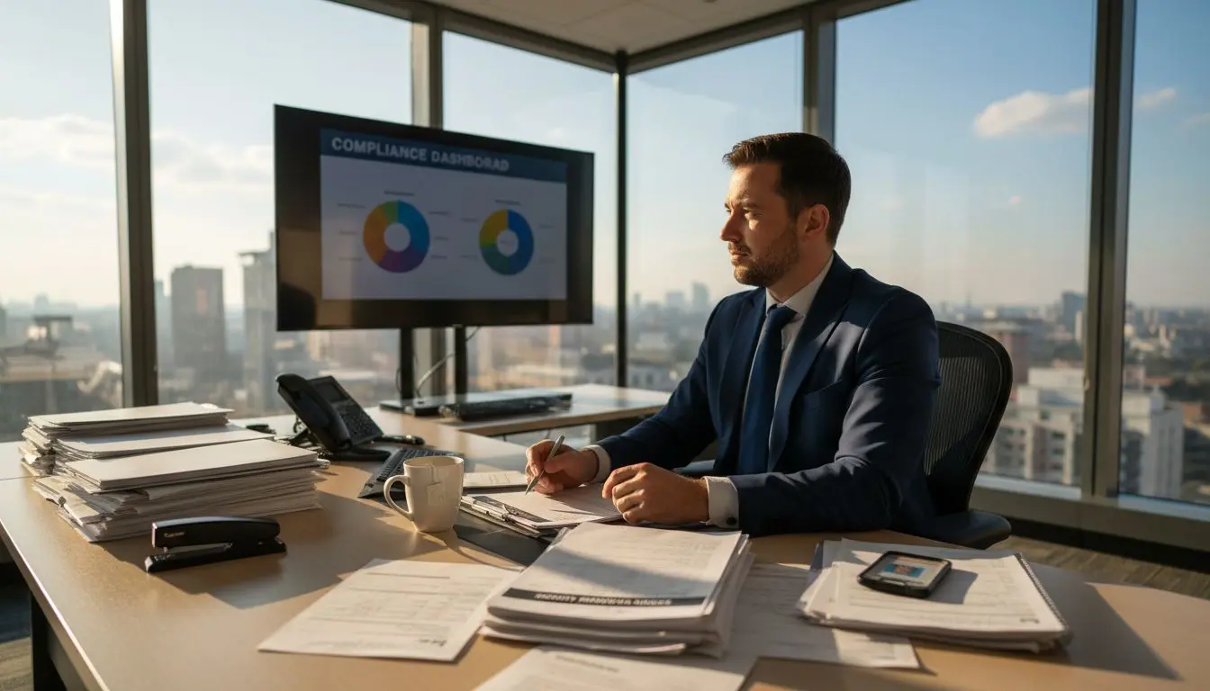 Compliance manager reviewing security checklist in office