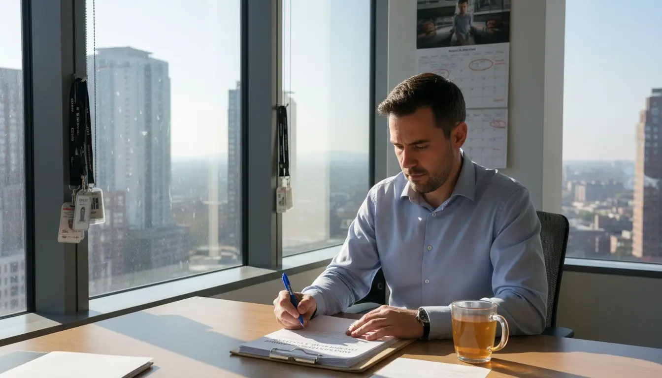 Compliance auditor reviewing checklist in UK office