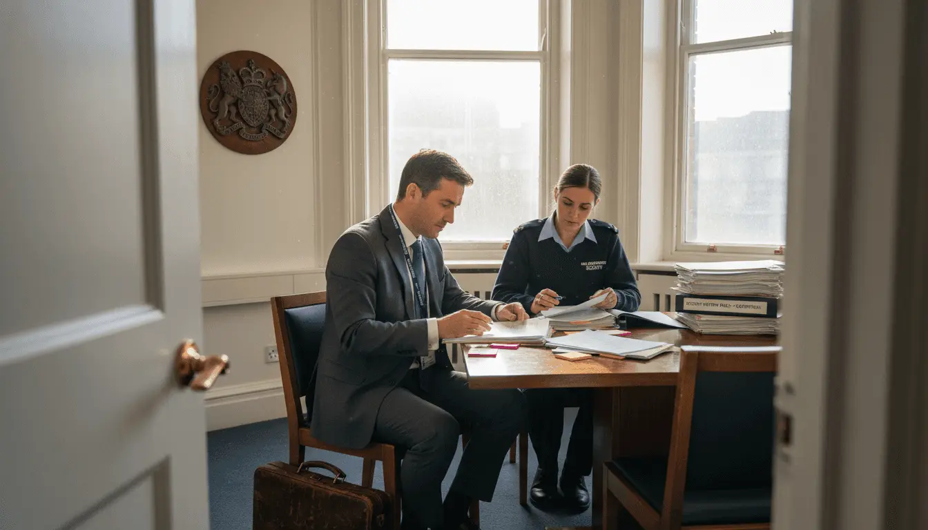 Security officer reviewing clearance paperwork with applicant