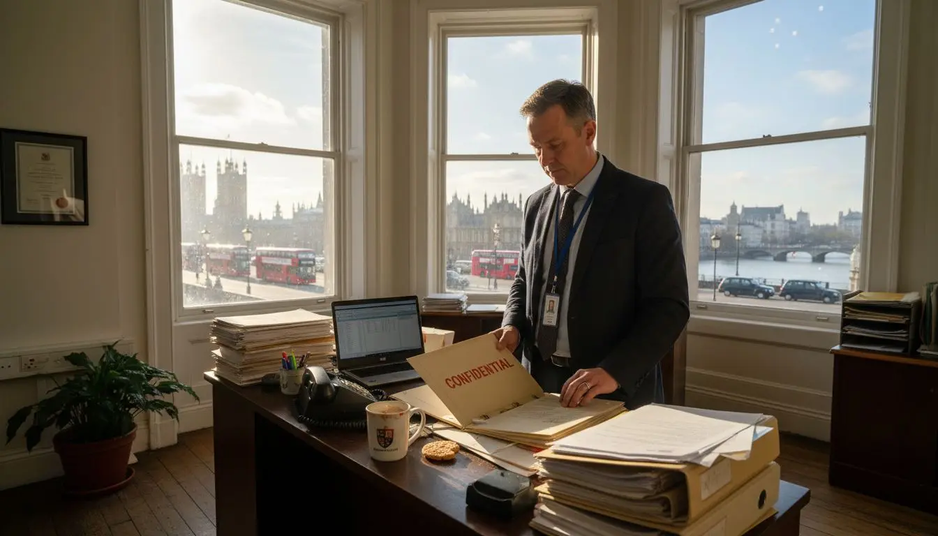 HR officer reviewing confidential security paperwork