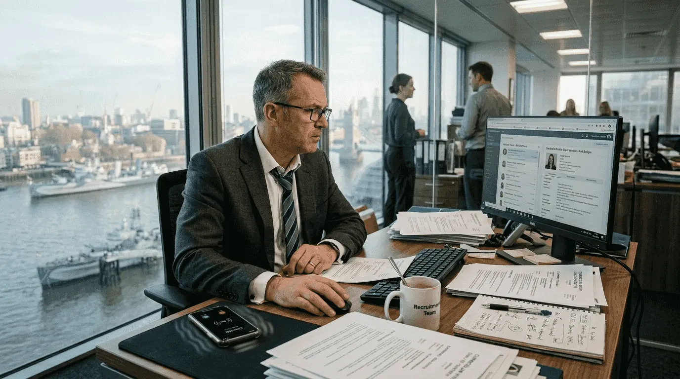 Security recruiter reviews profiles in London office