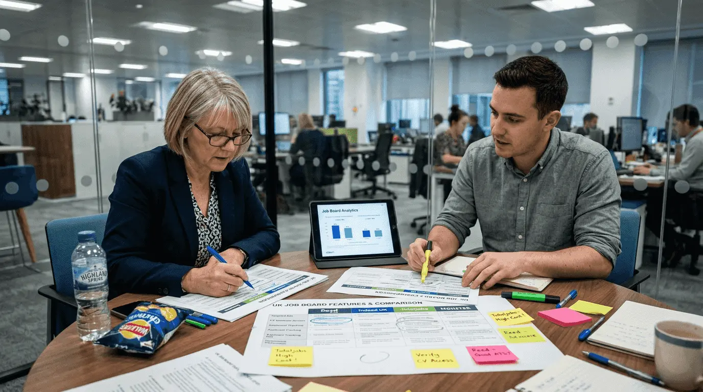 Managers reviewing UK job board printouts