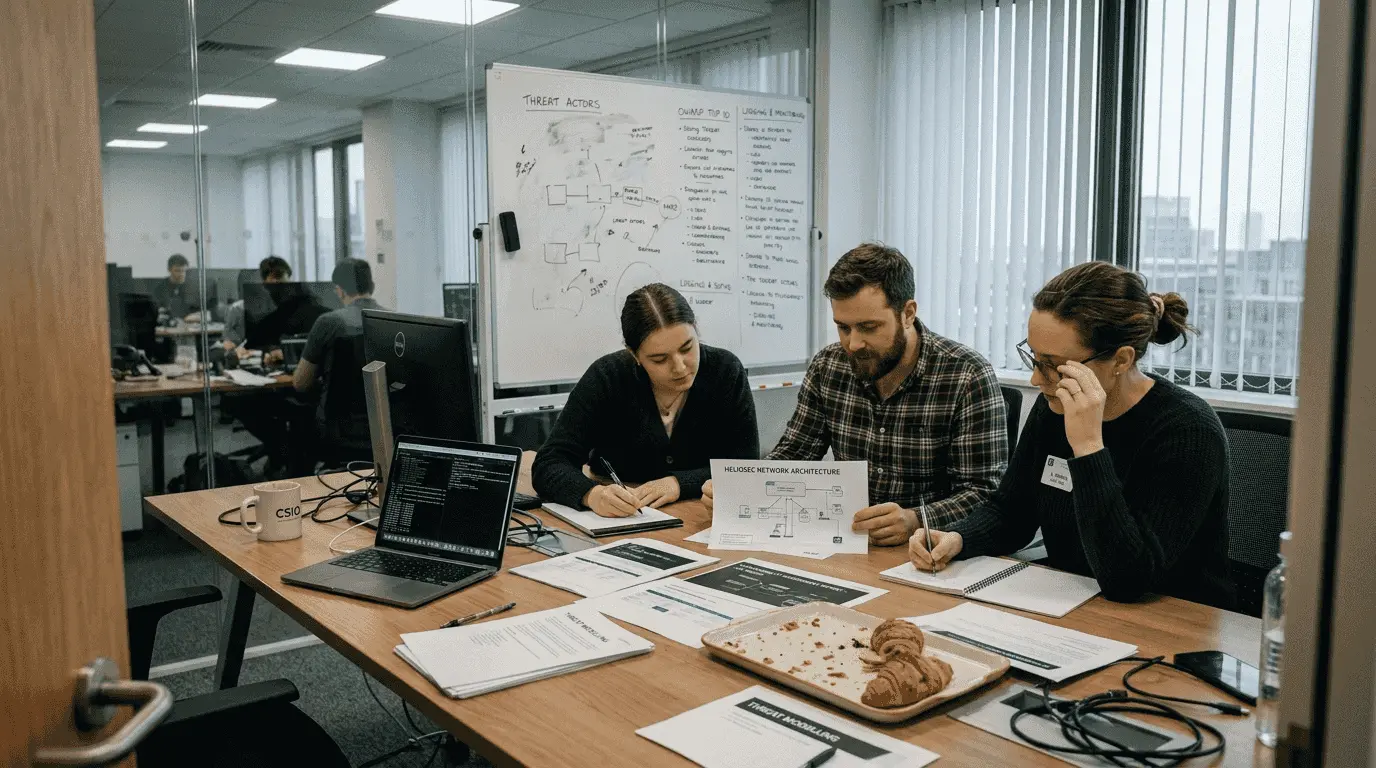 Security engineers meeting in glass-walled office
