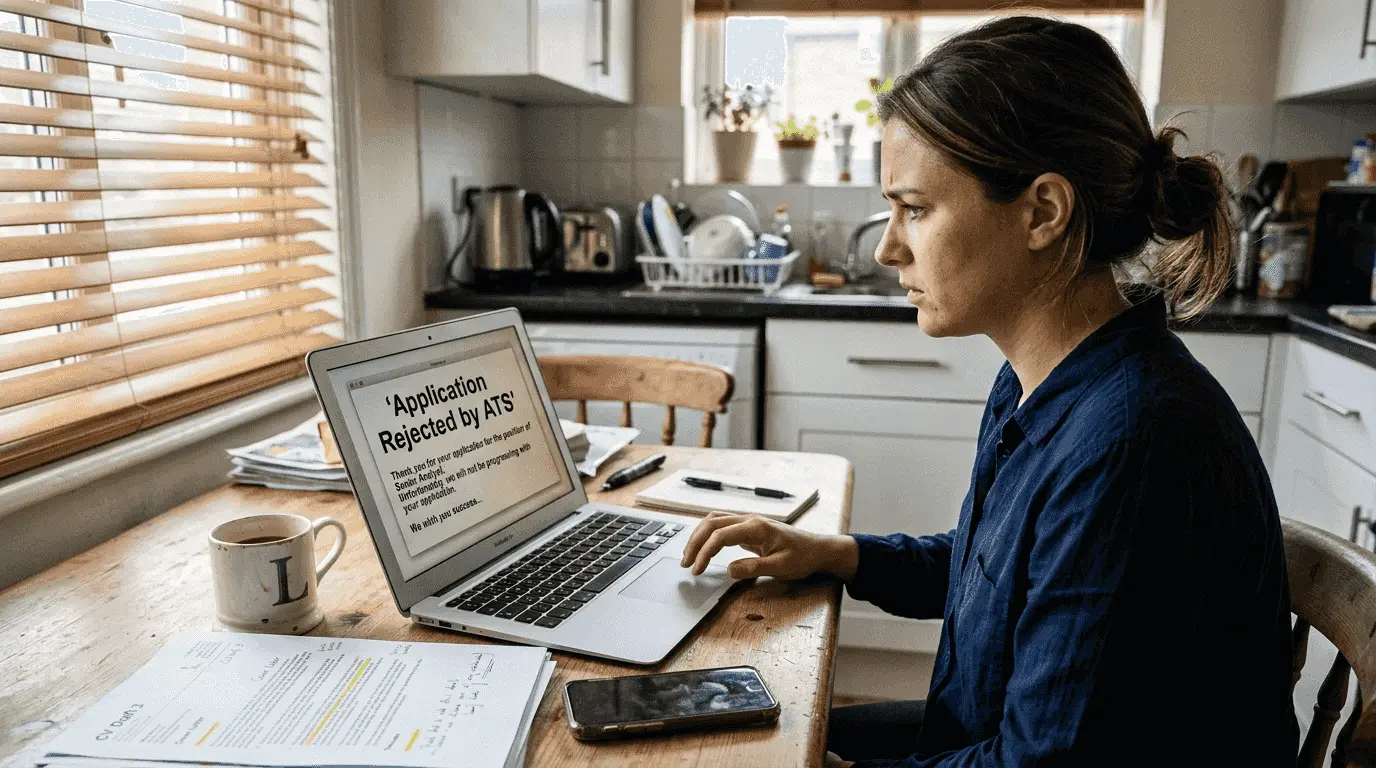Job applicant receives ATS rejection in kitchen