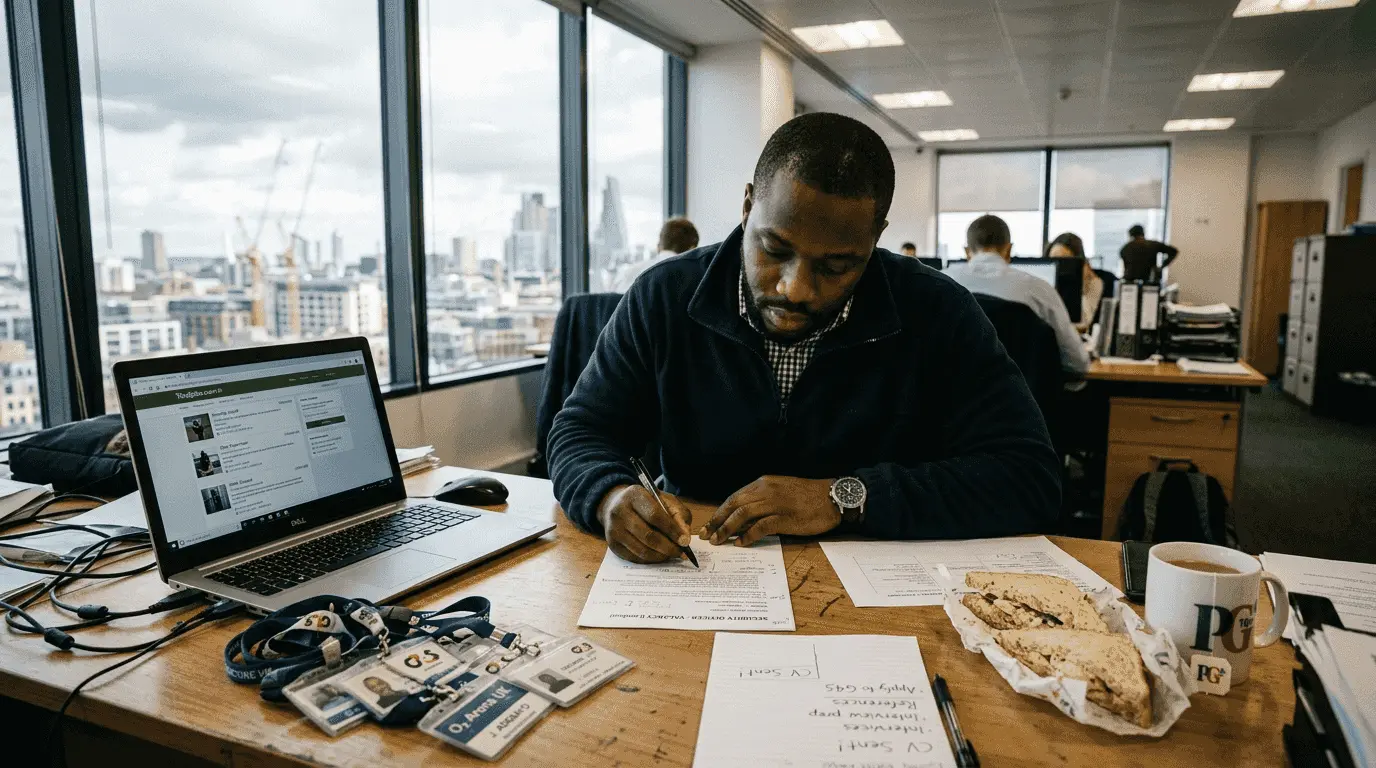 Man reviews UK security job listing in office