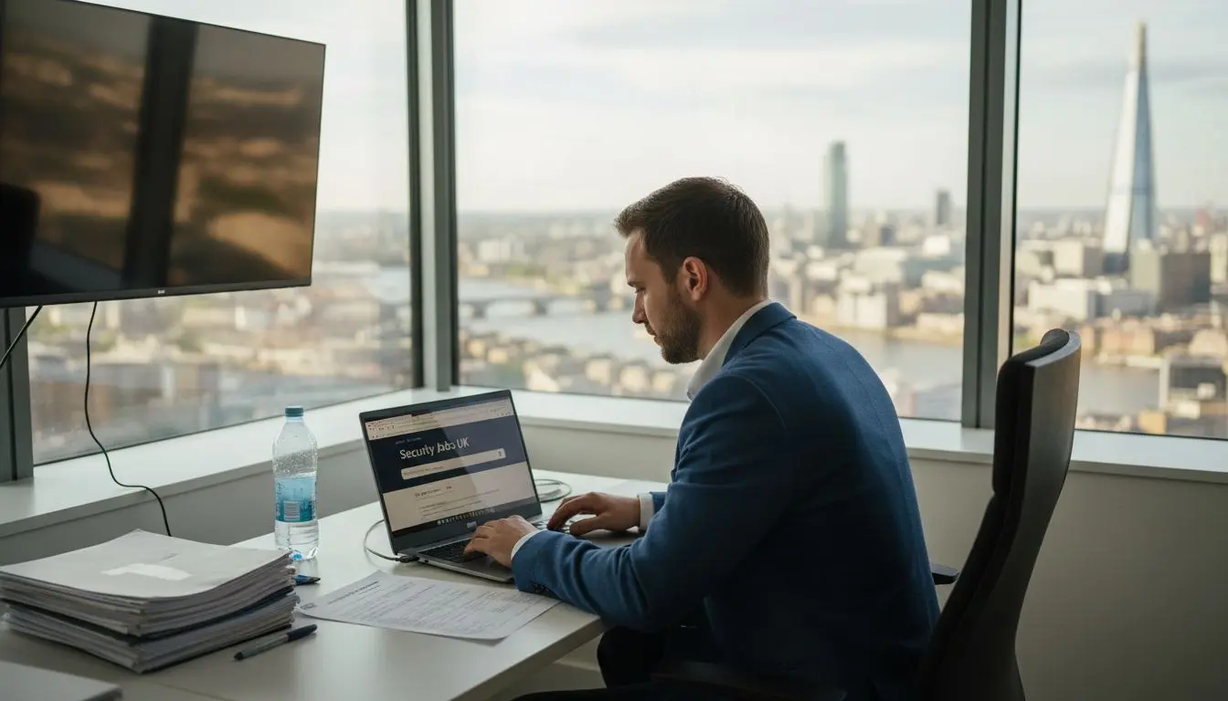 Security job seeker at London office desk