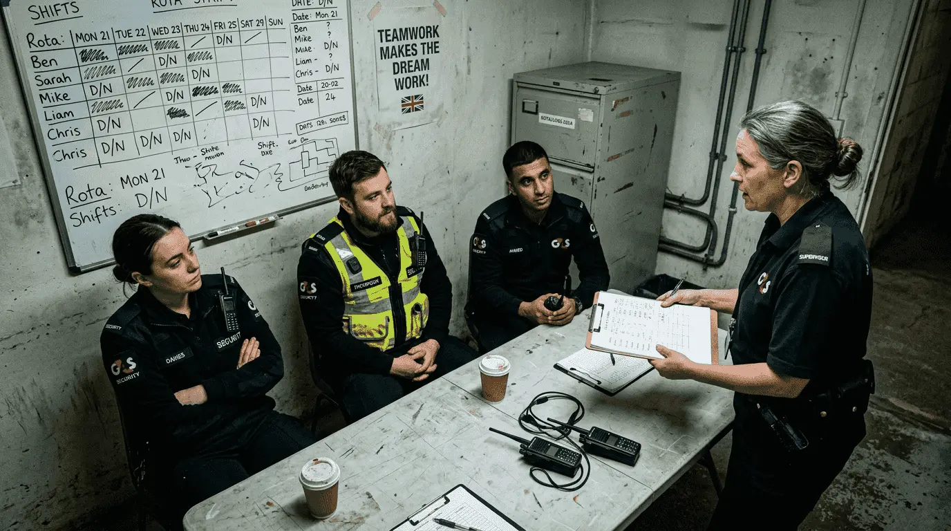 Security team briefing in UK workplace