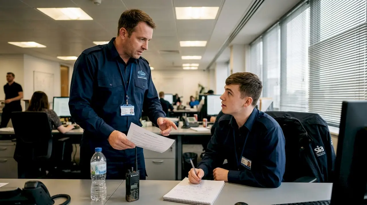 Security professional explaining report in busy office