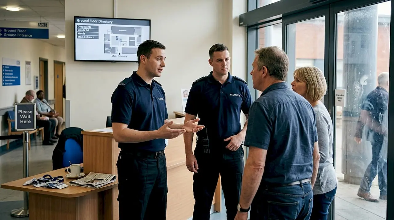 Security staff mediating dispute in hospital lobby