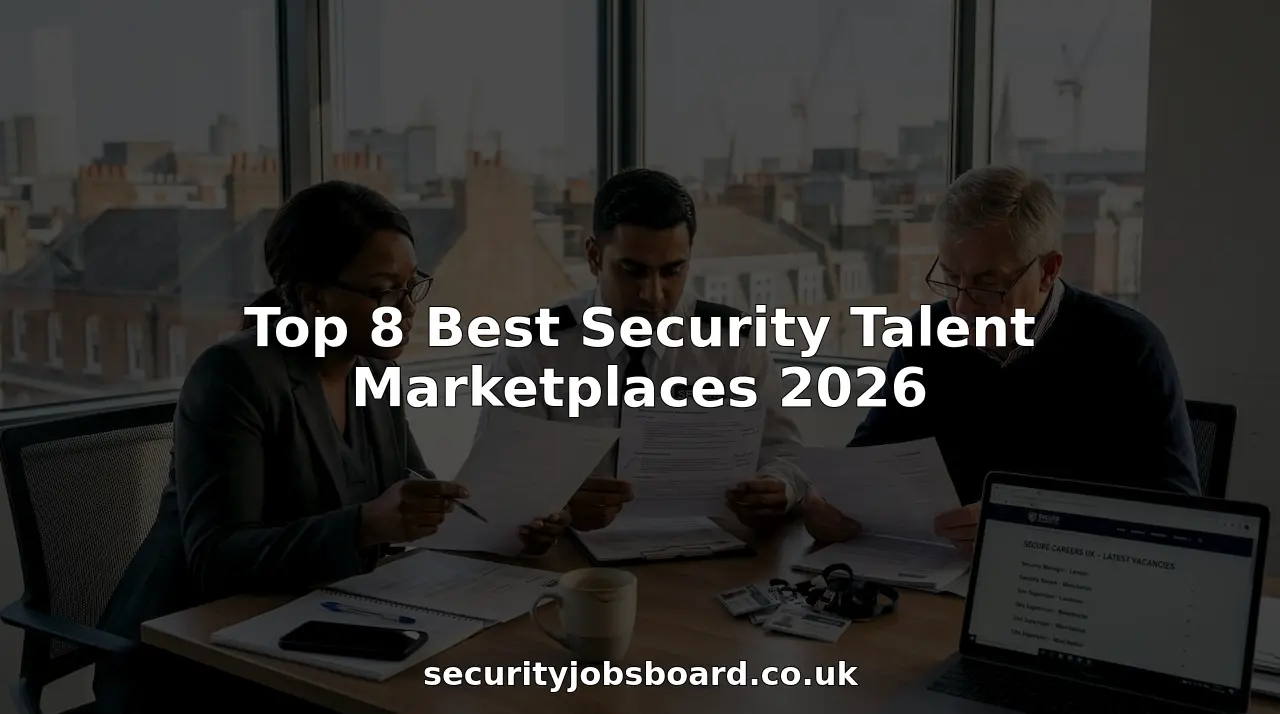 Security professionals reviewing job listings in small city office