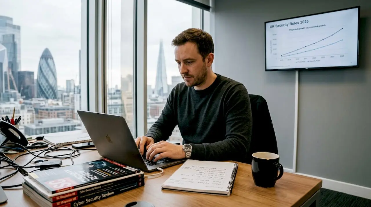 Cybersecurity analyst working in bright office