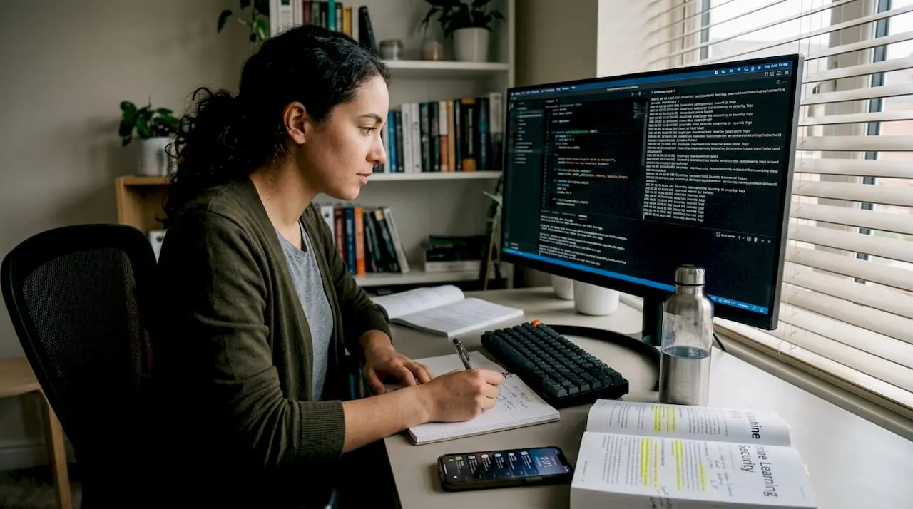 AI security specialist reviewing code at home office