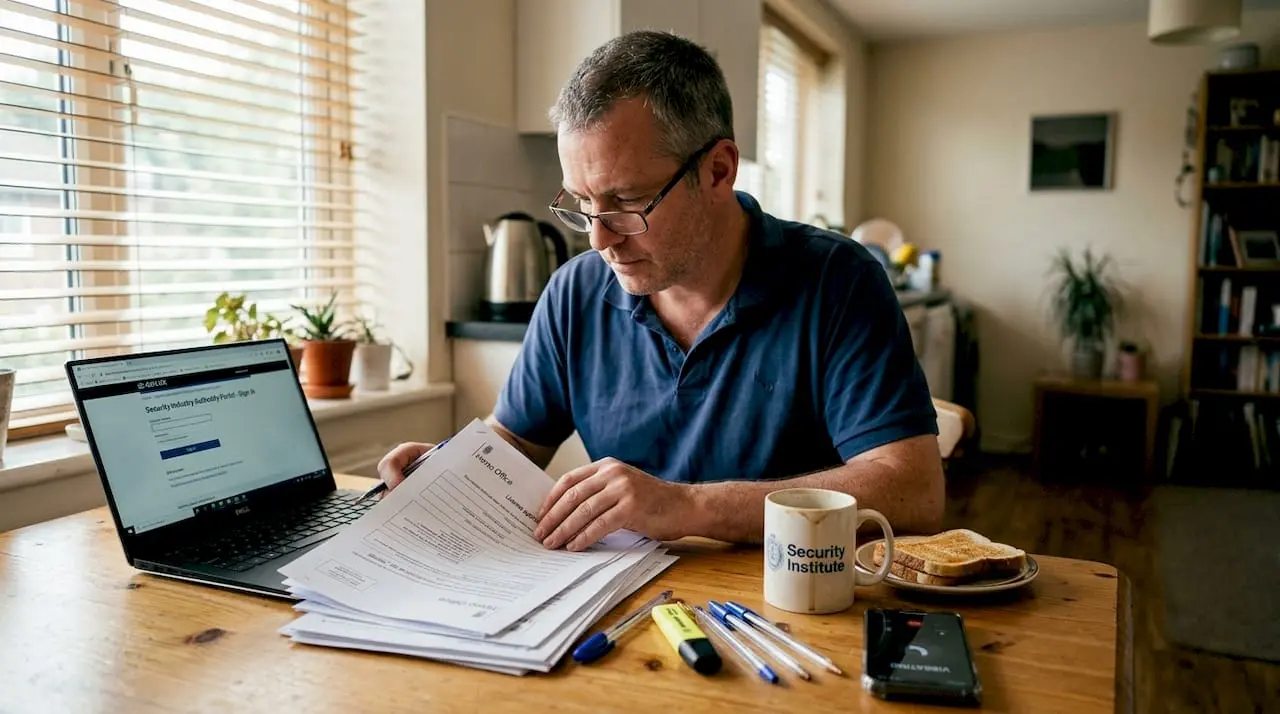 Security worker reviewing licence paperwork at kitchen table