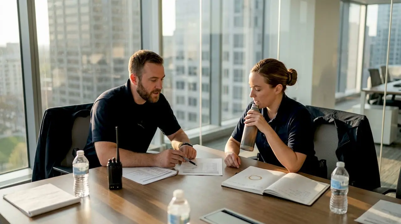 Security staff discussing notes in office setting