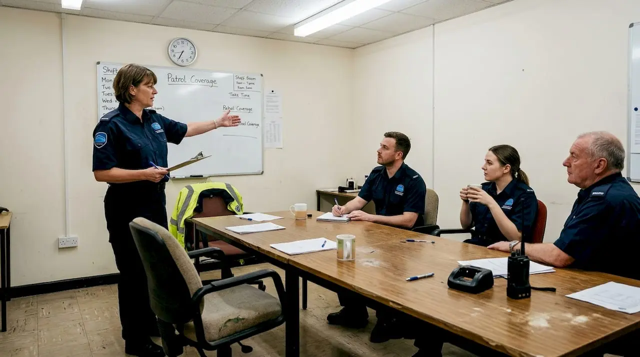Supervisor leads briefing in security staff room