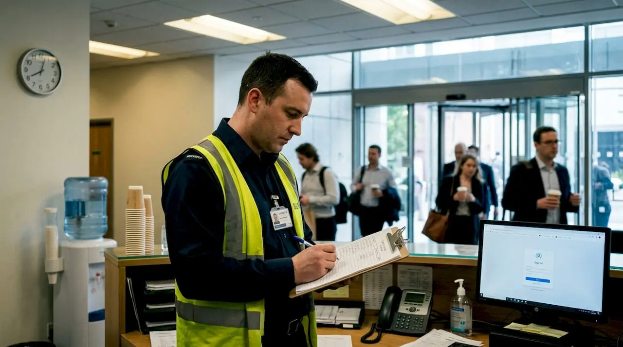 Security officer checks log at office lobby desk