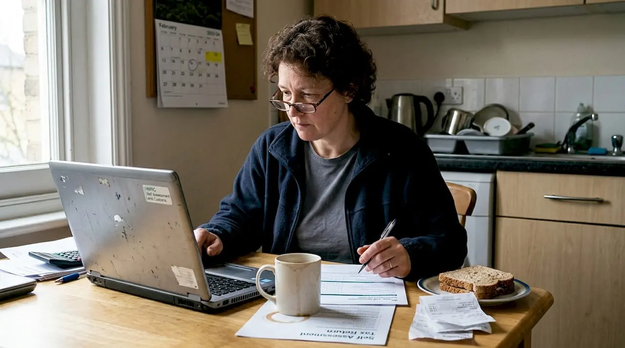 Self-employed contractor doing home office paperwork