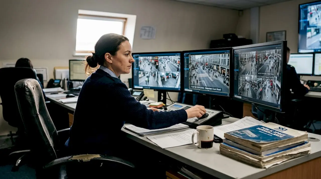 CCTV operator monitoring camera feeds