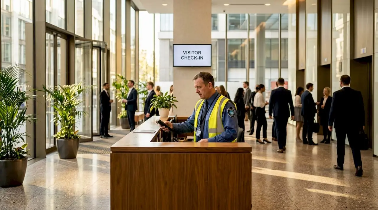 Security officer monitoring building entrance
