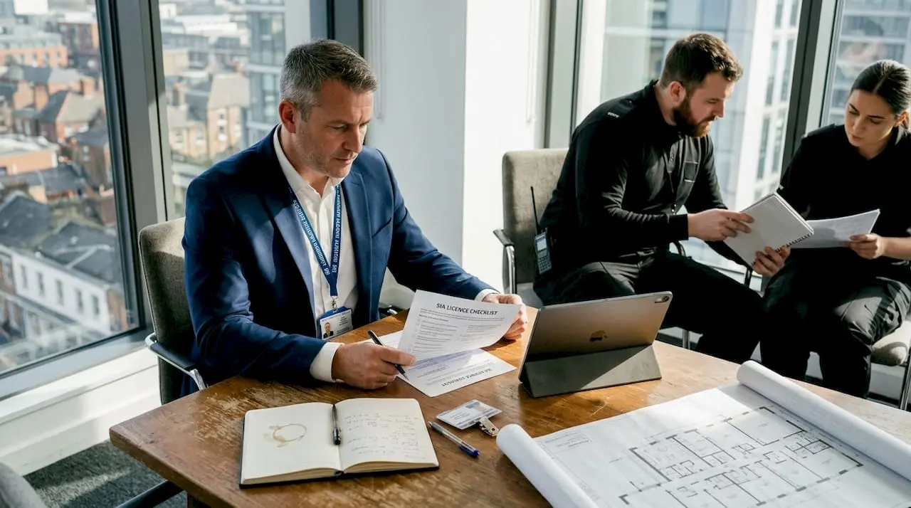 Security manager reviewing staff licences in office