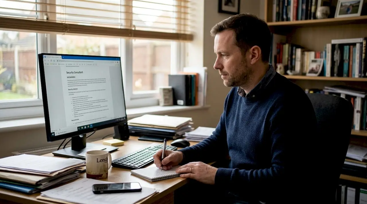 Security consultant reviewing job description at desk
