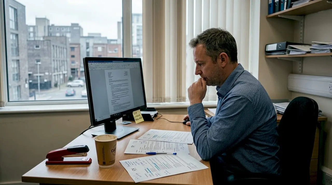Recruiter reviewing security CVs at office desk