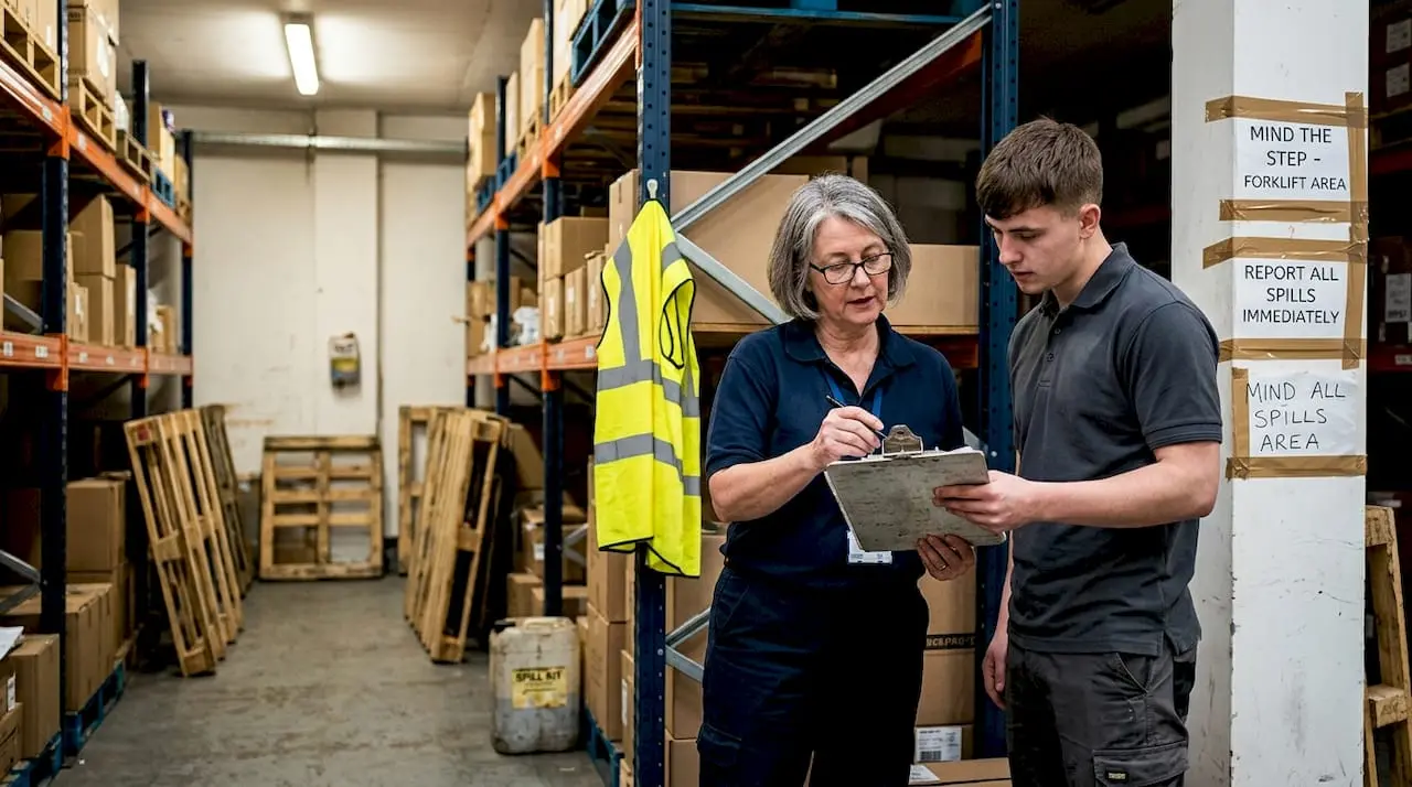 Supervisor teaching risk assessment on warehouse floor