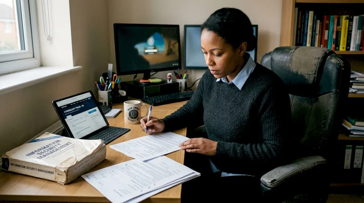 Security professional reviewing transferable skills at desk