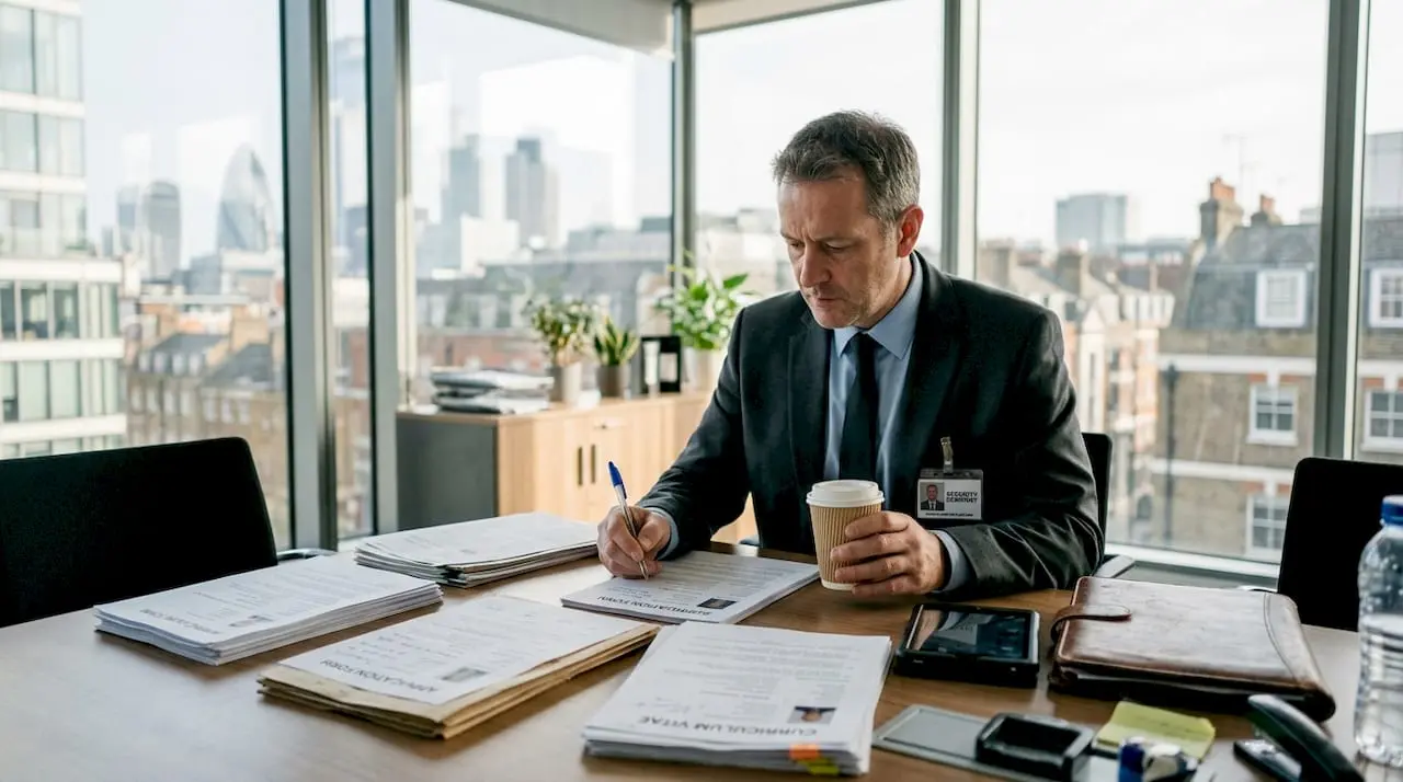 Security manager reviews job applicants at office table