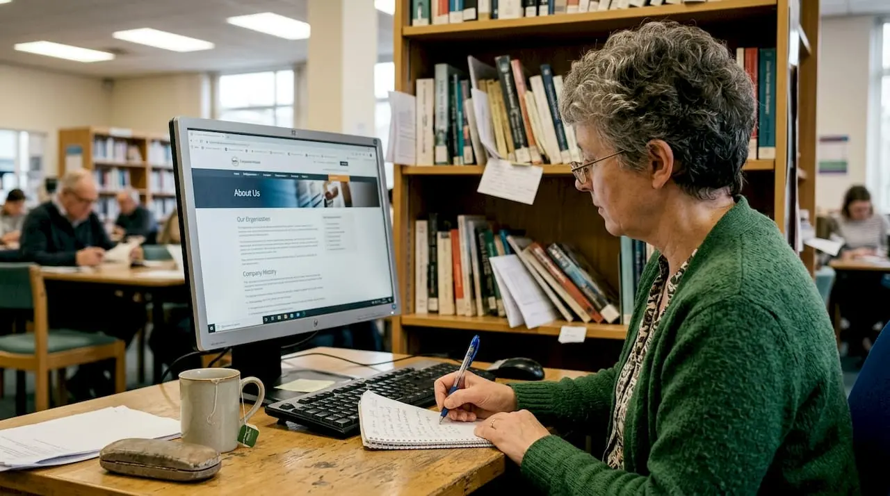 Woman researching company in library study corner