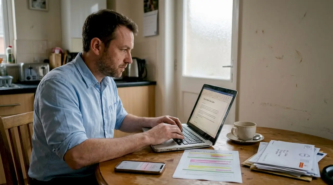 Man typing cover letter at kitchen table