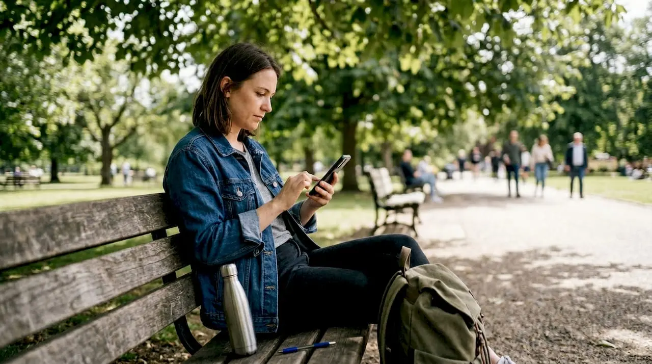 Woman editing CV on phone outdoors