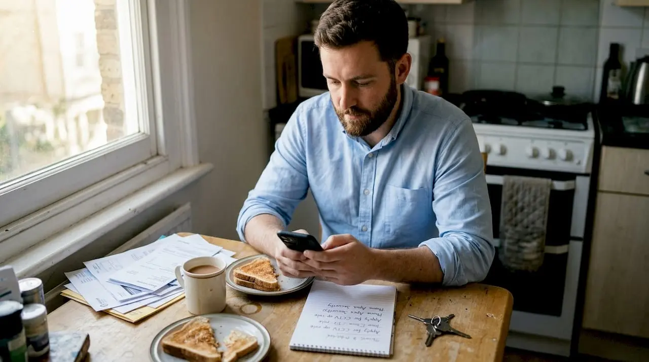 Man browsing security jobs on mobile at kitchen table
