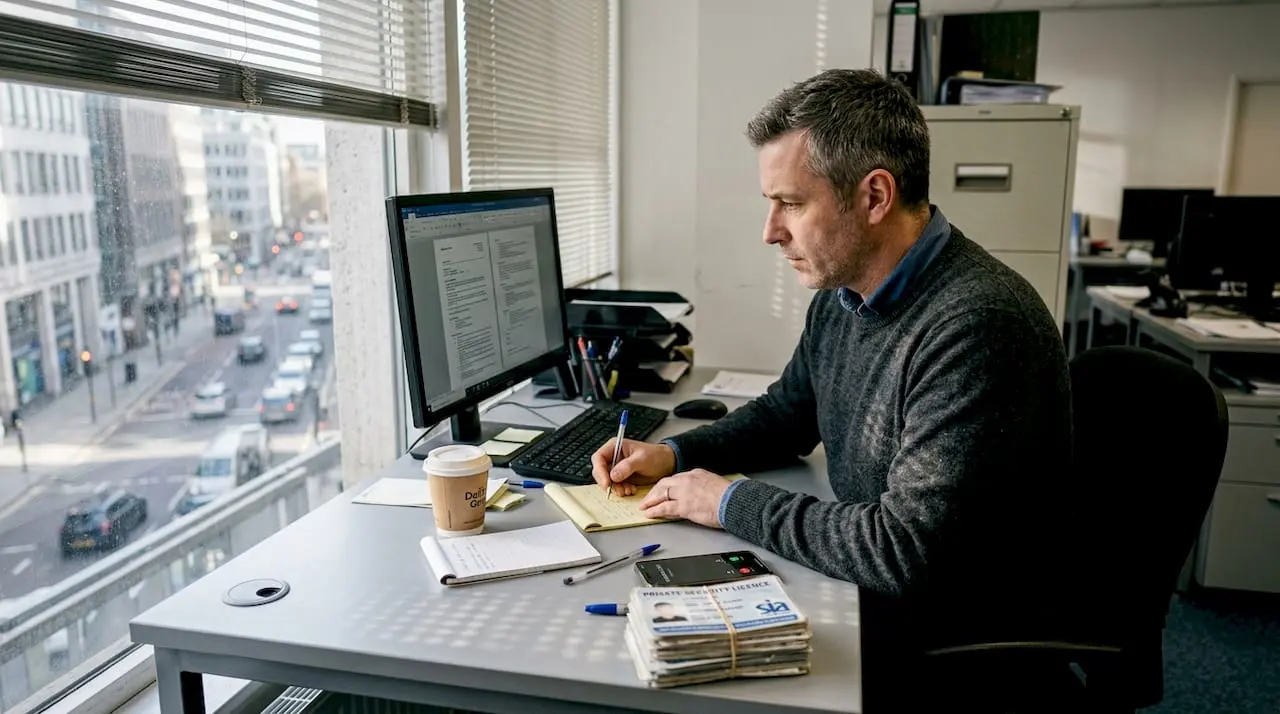 Hiring manager reviewing CVs in office