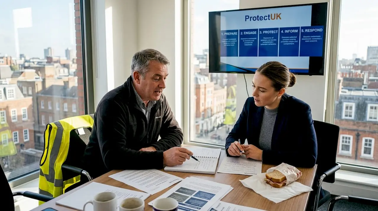 Security trainer and trainee review notes in office