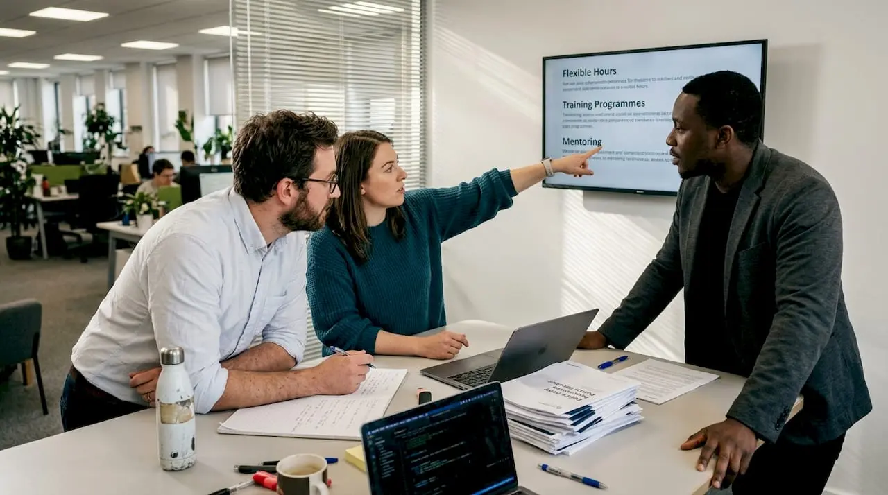 Security team meeting discussing workplace benefits