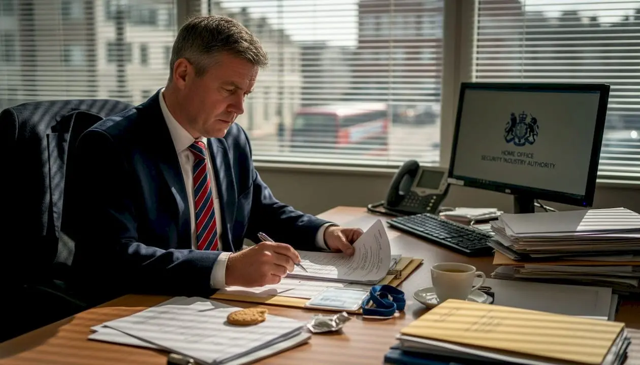 Security official reviewing application paperwork