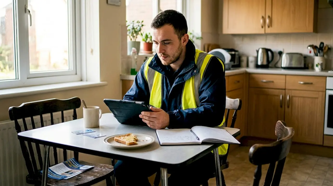 Security worker browsing jobs on tablet at kitchen table