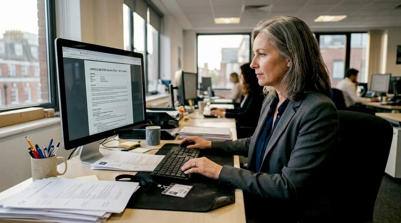 Hiring manager reviewing CVs in open-plan office