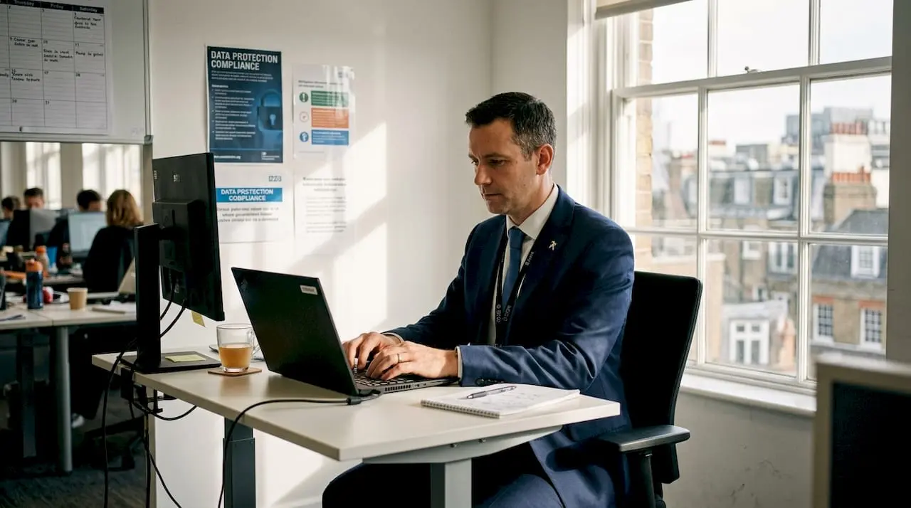 Security analyst emailing at London office desk
